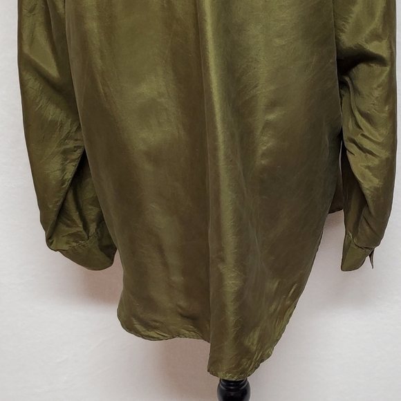 Vintage 90s IOU Silk Olive Oversized Button Up Hi-low Tunic Blouse Mini Dress M - Picture 12 of 13